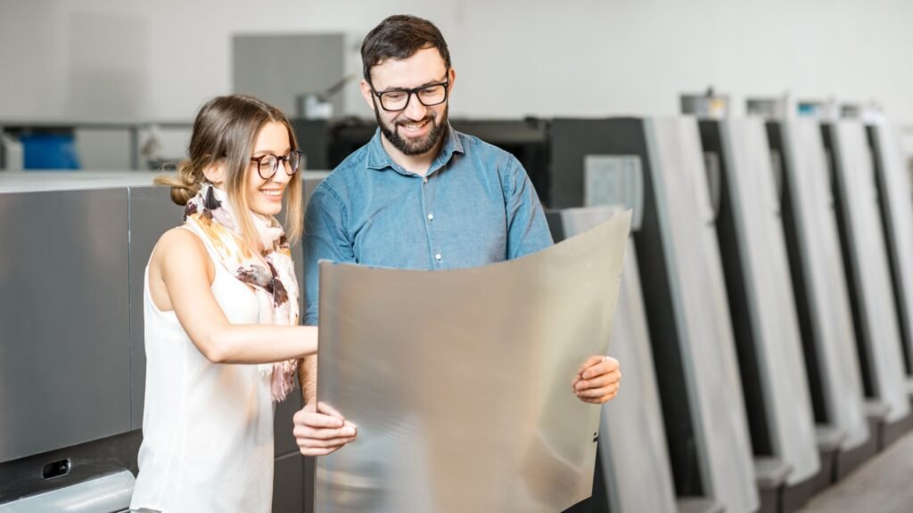 A man and a woman in a printing facility examining a large metal printing plate, smiling as they review the material.