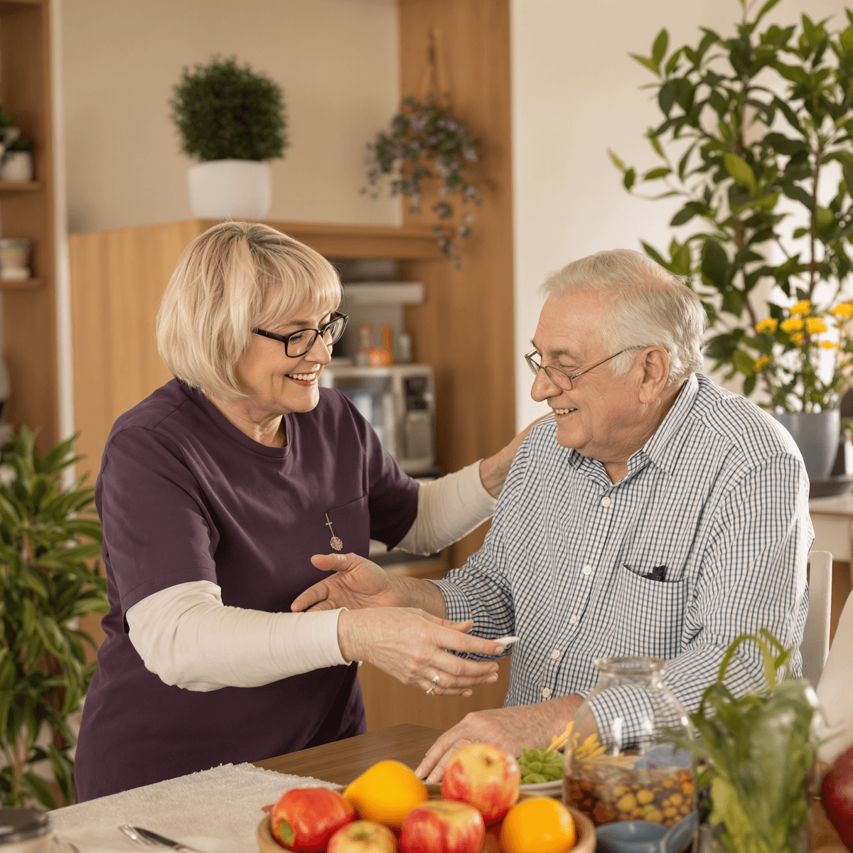 Caregiver helping an elderly person with daily activities in a cozy home, symbolizing compassionate home care and senior independence.