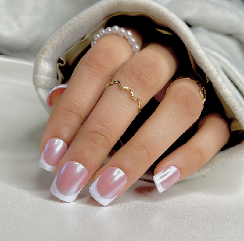 White French Tip Manicure Nails Online in India silver chrome shine fake press on nails