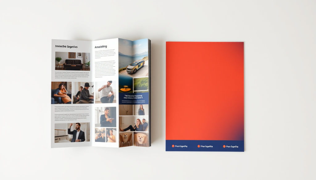 Brochure and flyer comparison showing folded panels vs. flat single-sheet design on a clean tabletop.