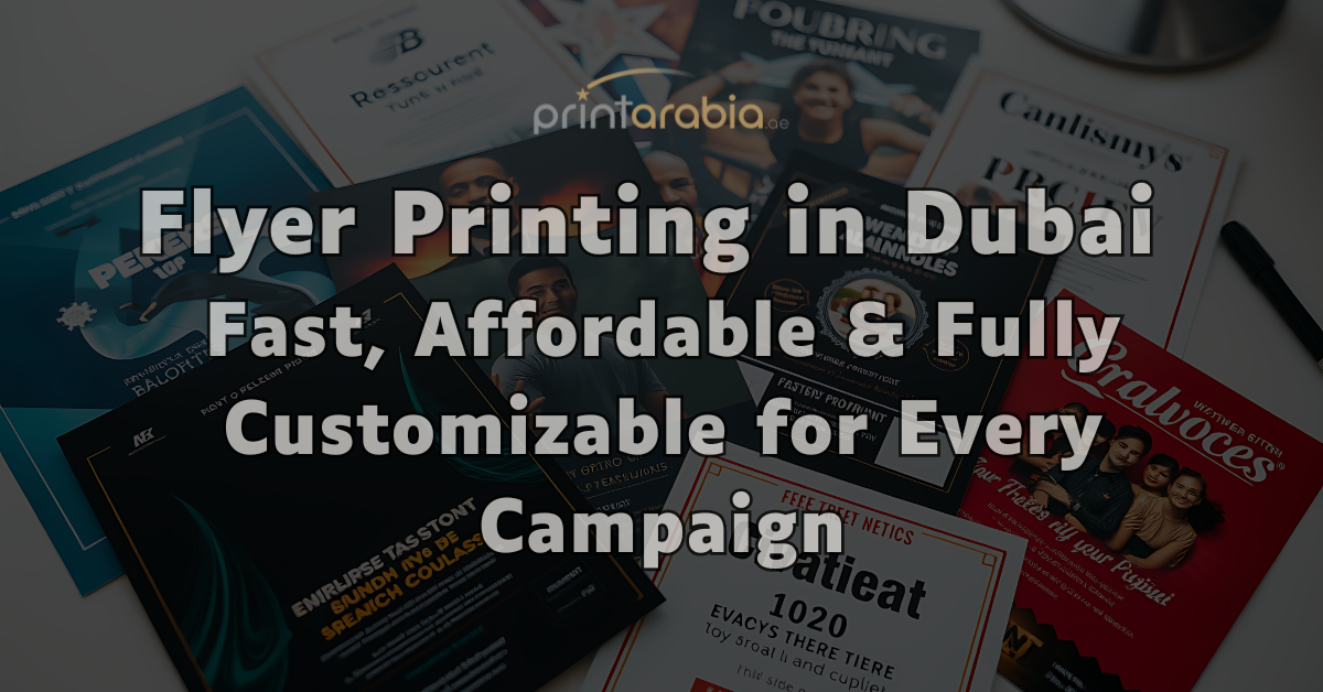 Flat lay of custom printed flyers in various sizes and finishes on a neutral desk background