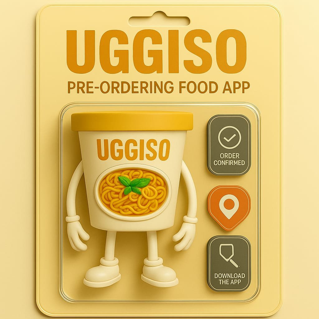Illustration of UGGISO pre-ordering food app concept featuring a cartoon noodle cup character, order confirmation icon, and location pin on beige background.