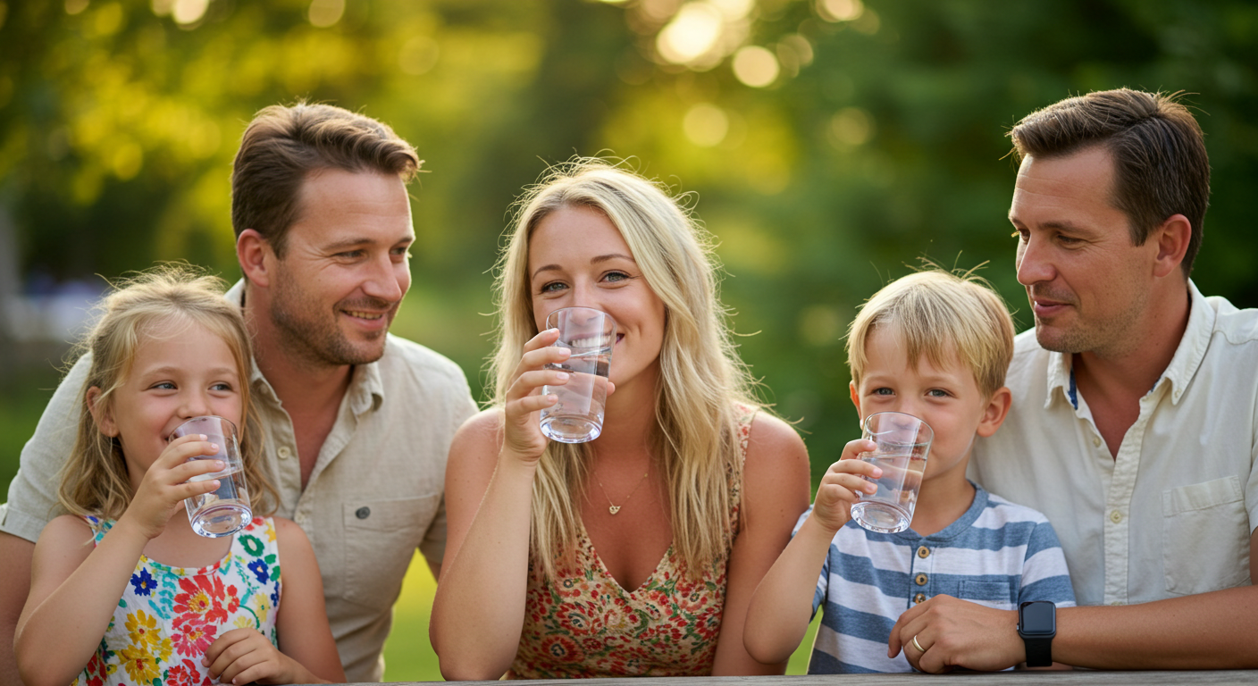 Smiling family with two children enjoying clean drinking water outdoors on a sunny day, promoting healthy living through hydration and clean air.