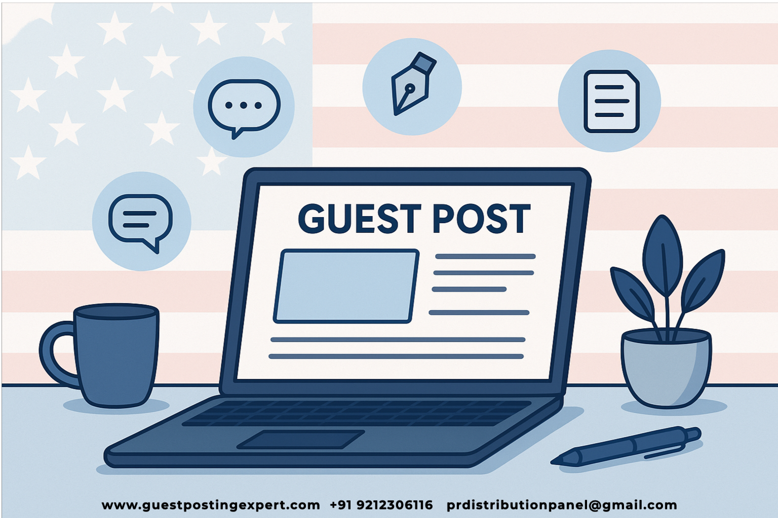 Vector illustration of a laptop on a desk displaying a guest post article, surrounded by content icons and a subtle US flag motif