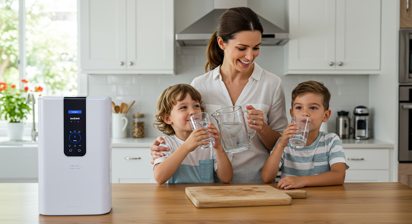 A mother and two children smiling and drinking clean water in a bright, modern kitchen with a water purifier on the counter.