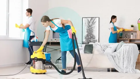 A composite image of a professional home cleaning service in action, with one person vacuuming, another dusting, and a third cleaning a window.