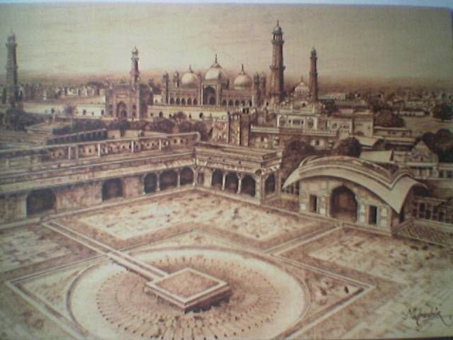 Sepia-toned painting of a historic view from Sheesh Mahal, Lahore Fort — available among exquisite paintings for sale Lahore.