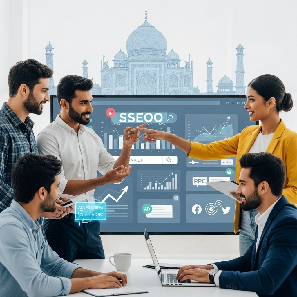 SEO strategies and digital marketing trends for 2025 with analytics dashboard, AI, voice search, and local search icons