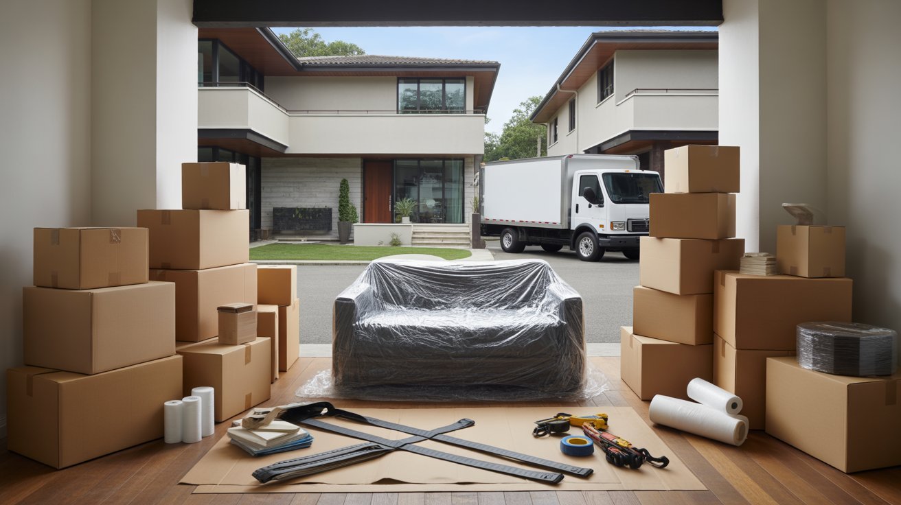 Moving boxes and packed furniture ready for transport with a moving truck outside a modern house