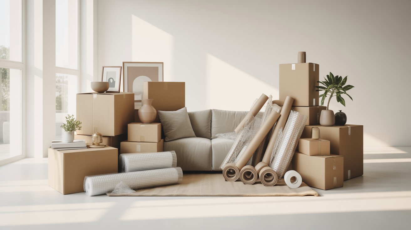 Living room filled with packed moving boxes, bubble wrap, and packing materials ready for relocation.